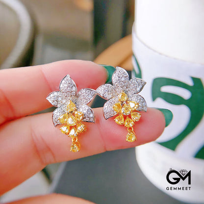 Luxury Micro Pave Asscher Yellow Zircon Flower Stud Earrings