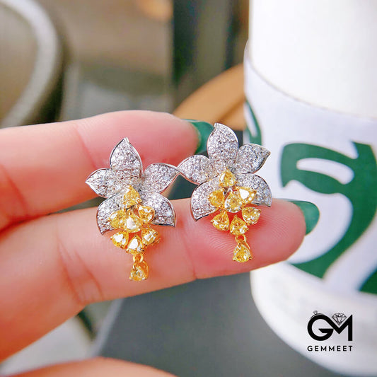 Luxury Micro Pave Asscher Yellow Zircon Flower Stud Earrings