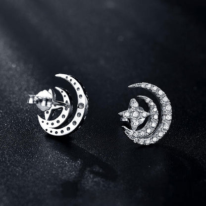 White Gold Star & Moon Full Stones Stud Earrings