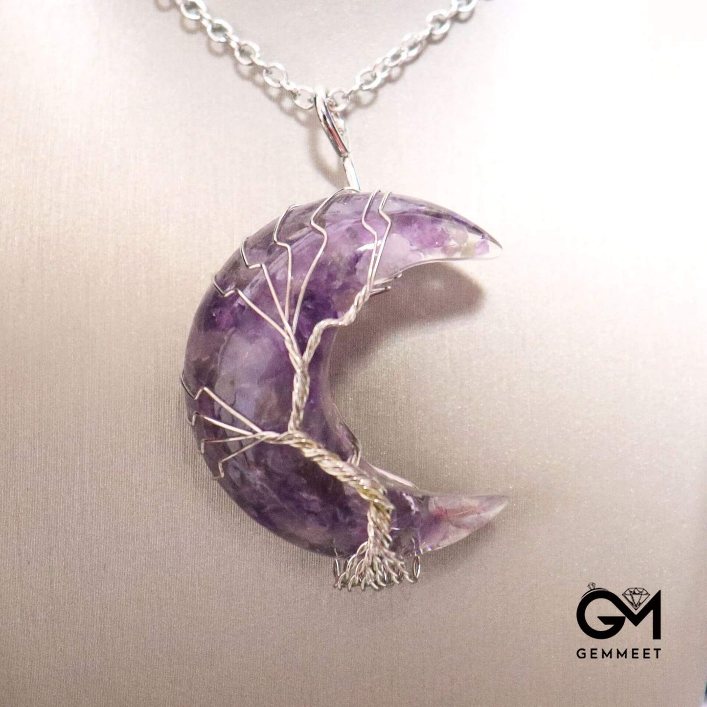 Colorful Crystal Moon Wrapped Tree of Life Necklace