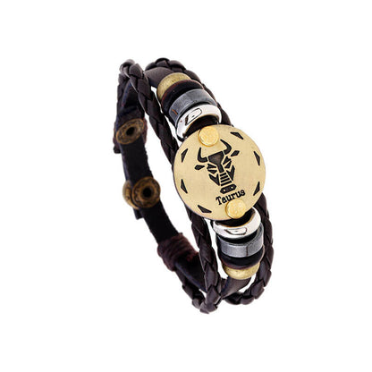 Hand Beaded Zodiac Cowhide Braided Adjustable Fashion Leather Bracelet