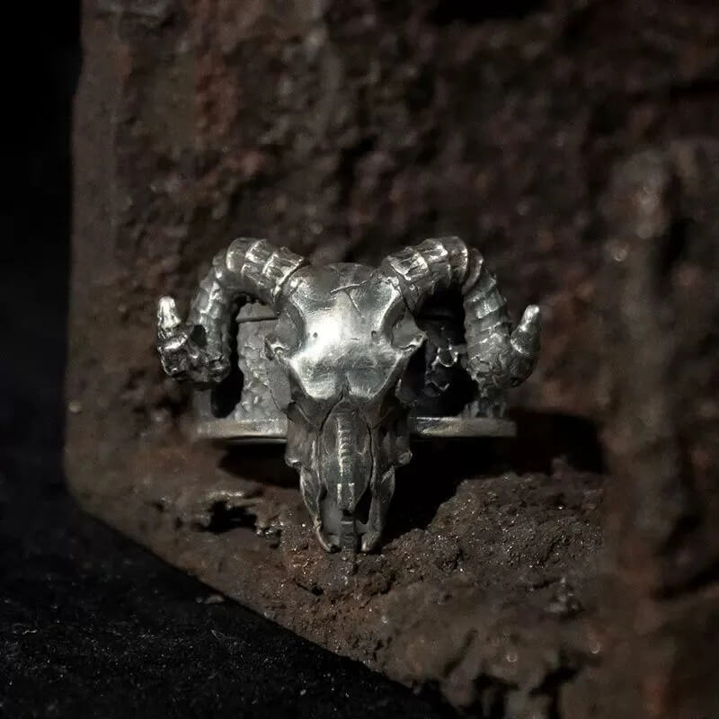 Silver Satan Sheep Head Men's Open Adjustable Ring