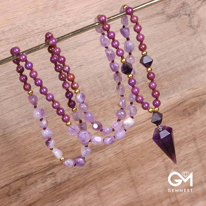 Purple Jade Amethyst  Beaded Mala Necklace