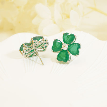 White Gold Four-leaf Clover Green Stones Stud Earrings