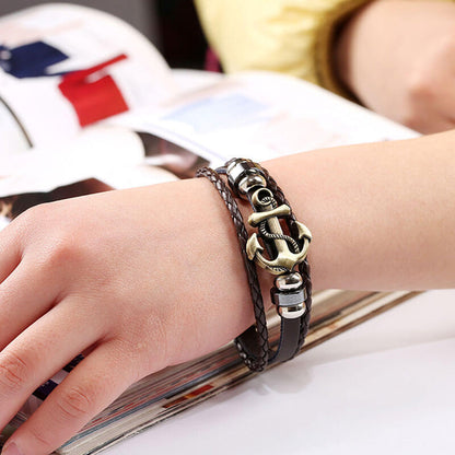 Retro Simple Multi-layer Braided Anchor Leather Fashion Bracelet