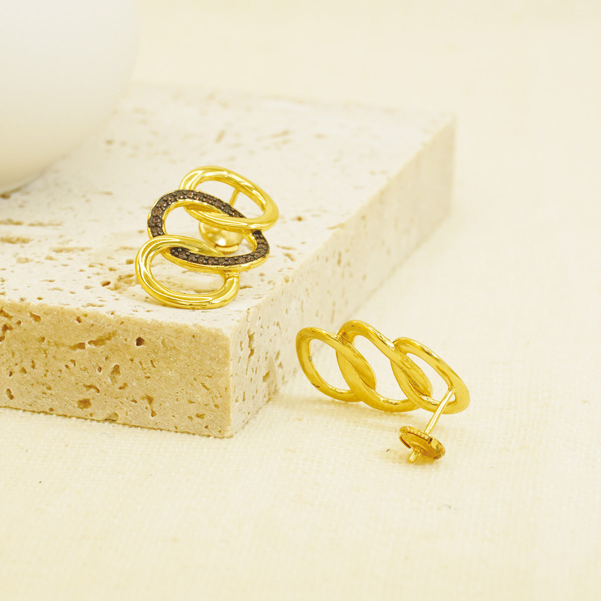 Gold Hammered Triple Brown Stones Hoop Earrings