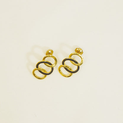 Golden Hammered Triple Black Stones Hoop Earrings