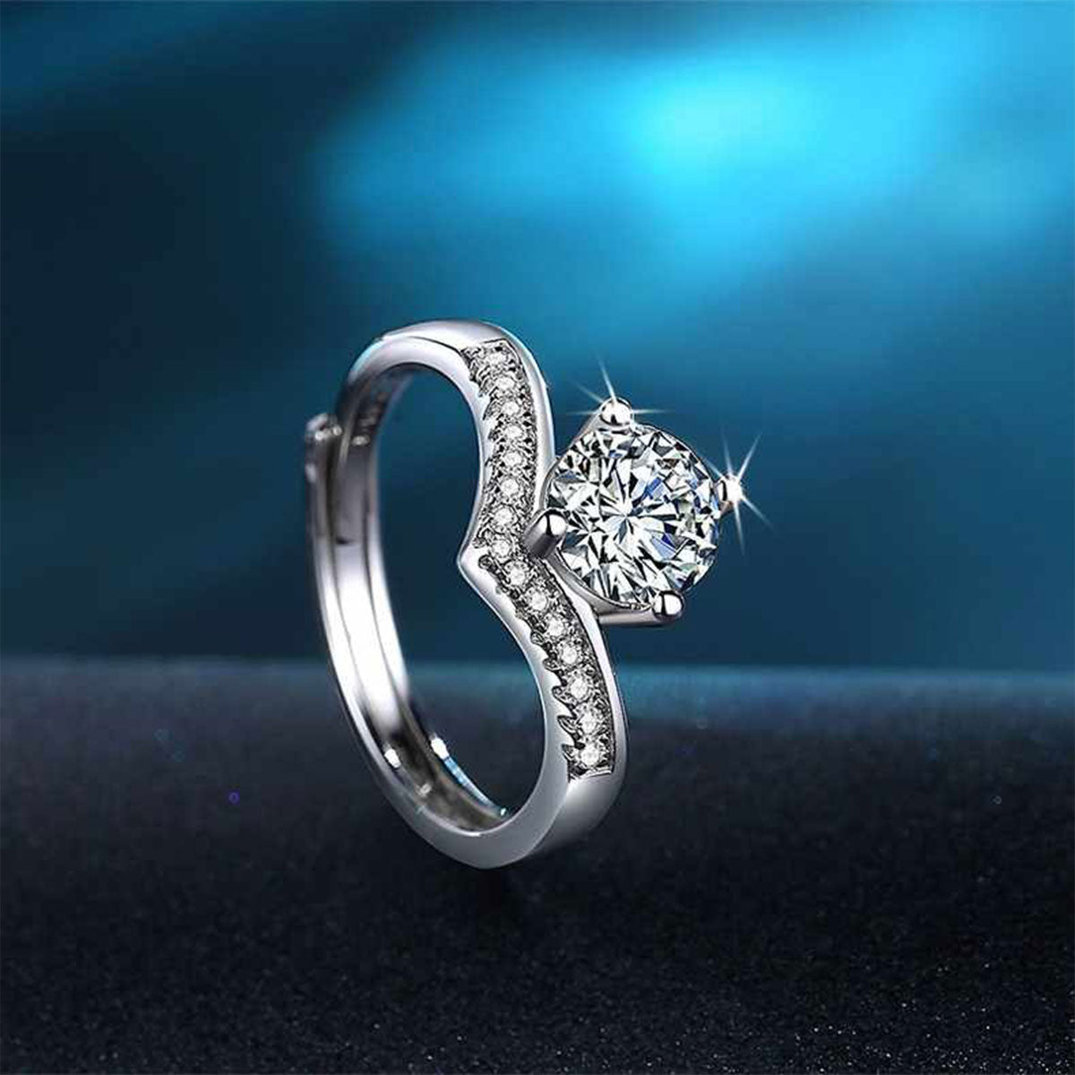 White Gold Crown Shape Adjustable Moissanite Ring