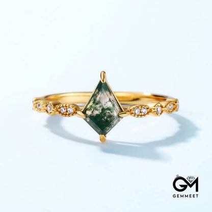 Moss Agate White Zircon Four Prong Ring