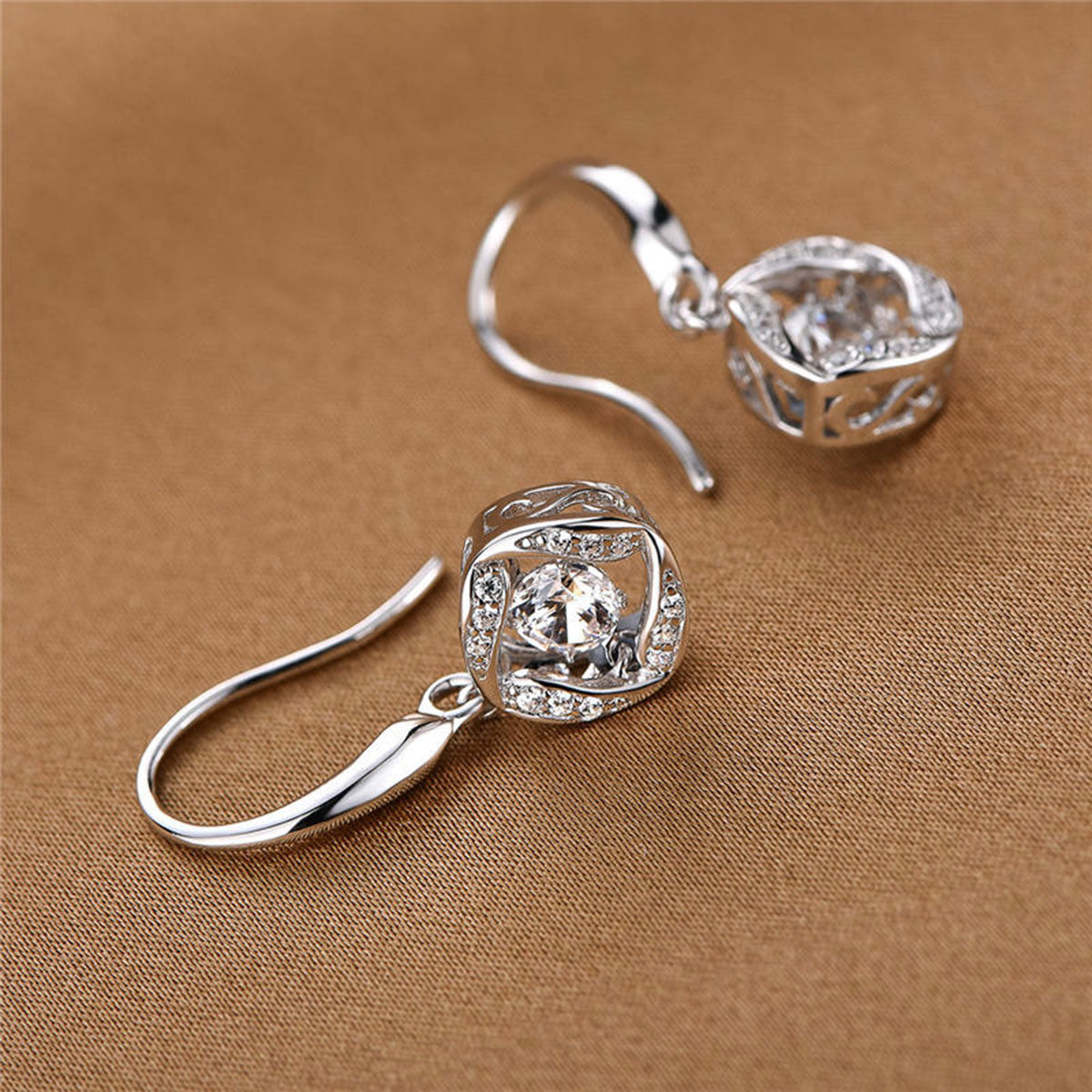 White Gold Rose Shape Full Stones Beating Dangle Earrings