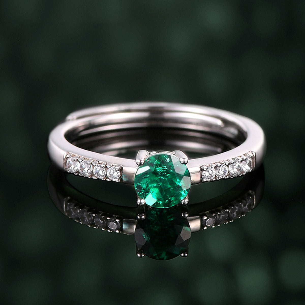 White Gold Round Cut Emerald Adjustable Ring