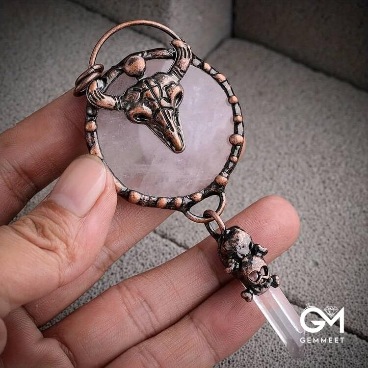 Copper Ox Head With Clear Quartz Gemstone Necklace