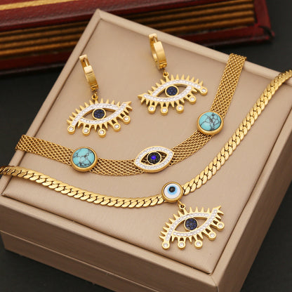 Hollow Evil Eye Cuban Link Bracelet Necklace & Earrings