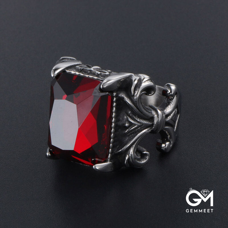 Titanium Steel Royal Flower Red Zircon Ring