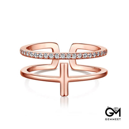 S925 Zircon Cross Double Geometric Opening Ring