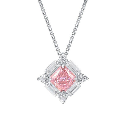 White Gold Square Cut Pink Gem Halo Pendant Chain