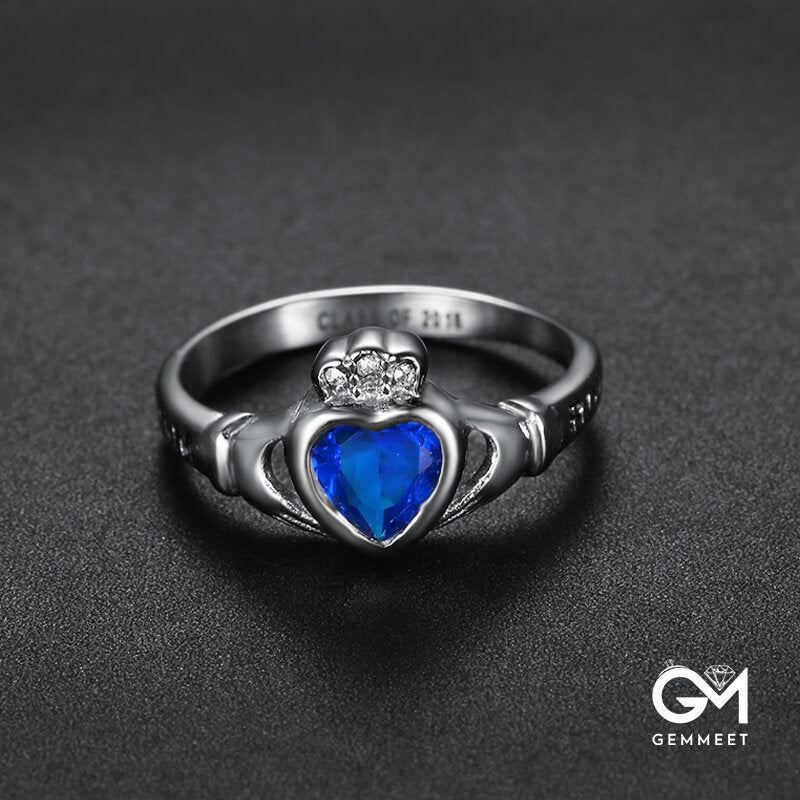 Stainless Steel Vintage Heart Blue Zircon Ring