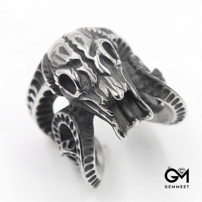 Stainless Steel Sheep Head Large Horn Skull Ring for Men