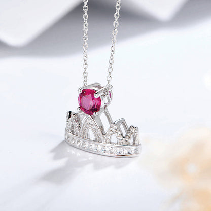 Sterling Silver Necklace with Ruby Round Stones Full Diamonds Crown Pendants