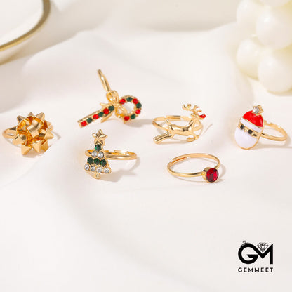 6 Pcs Cute Elk Christmas Tree Adjustable Ring Set