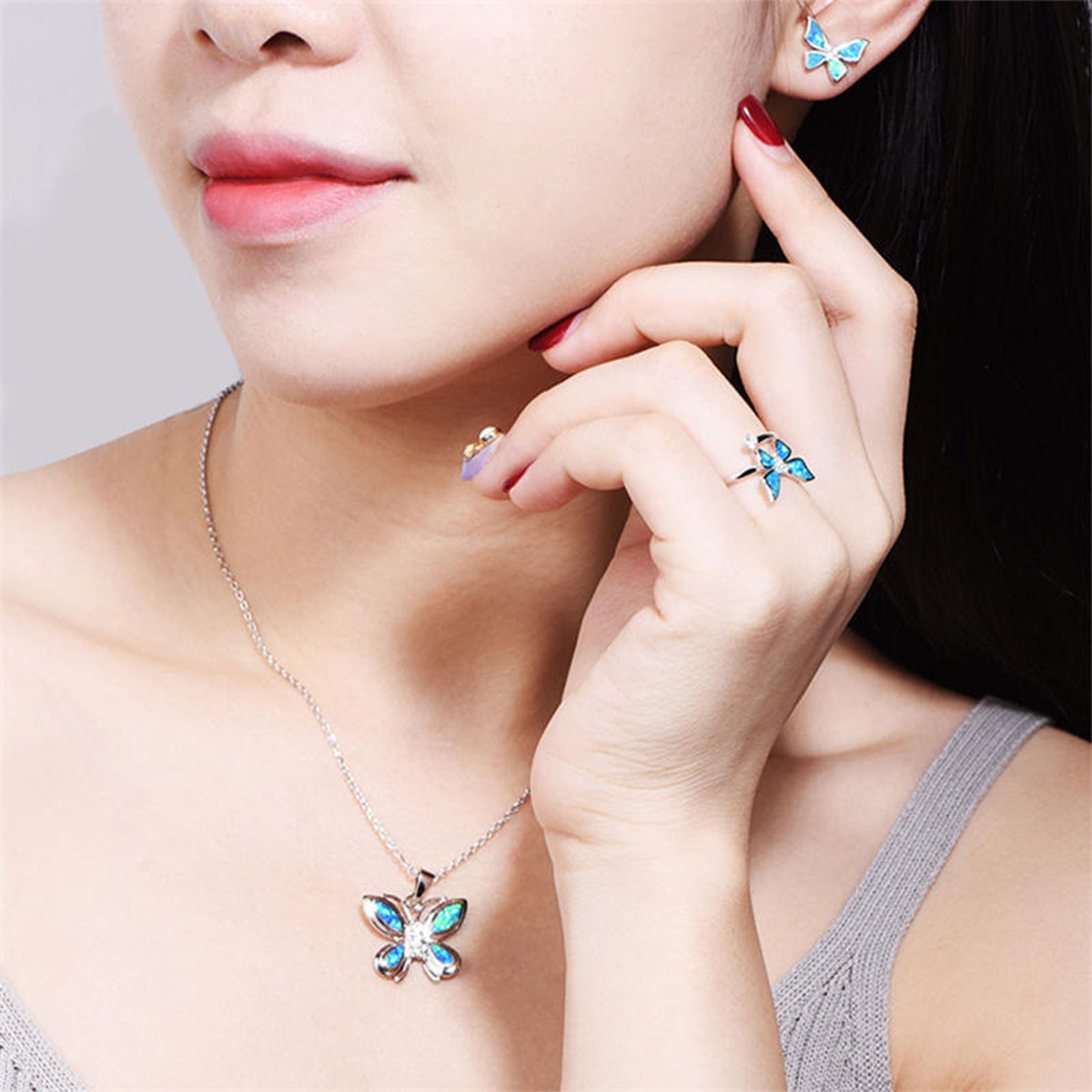 White Gold Butterfly Shape Blue Opal Charm Pendants Chains