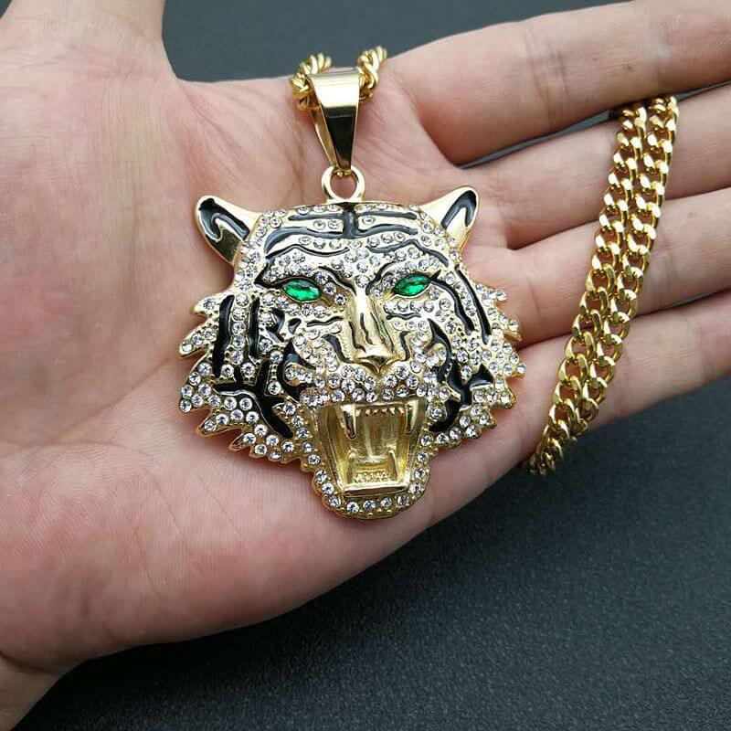 Hip-hop Jewelry Titanium Steel Gold-plated Inlaid Synthetic Cubic Zirconia Tiger Head Pendant