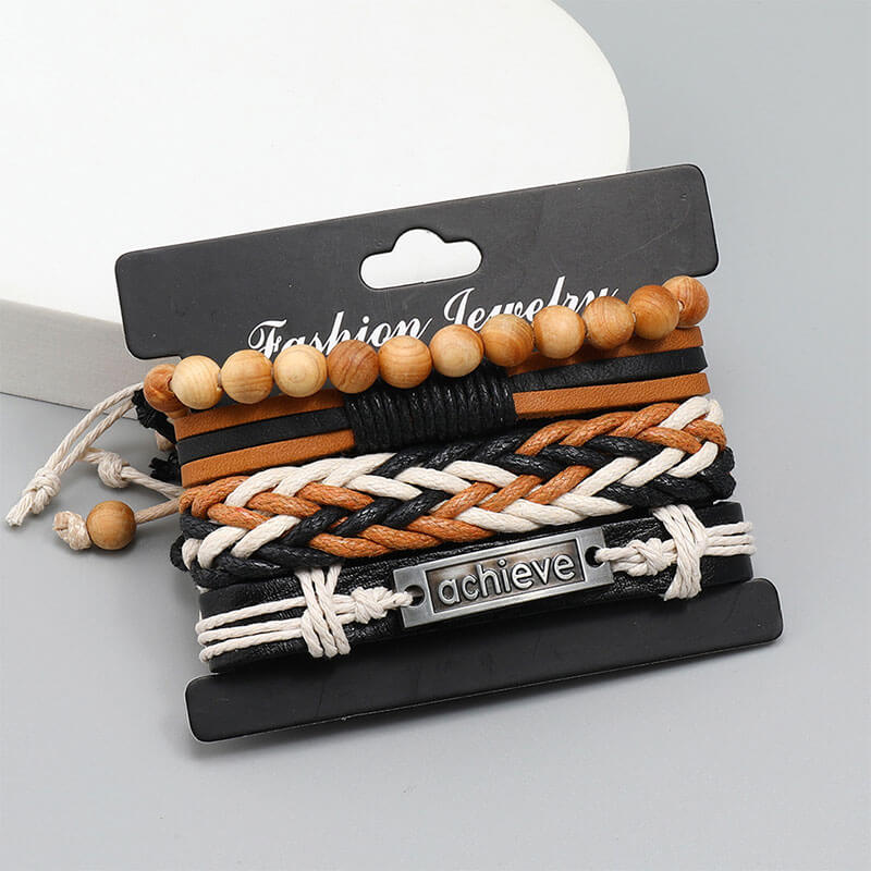 Simple Handmade Wooden Bead Braided Leather Bracelet Set of Four Bracelets