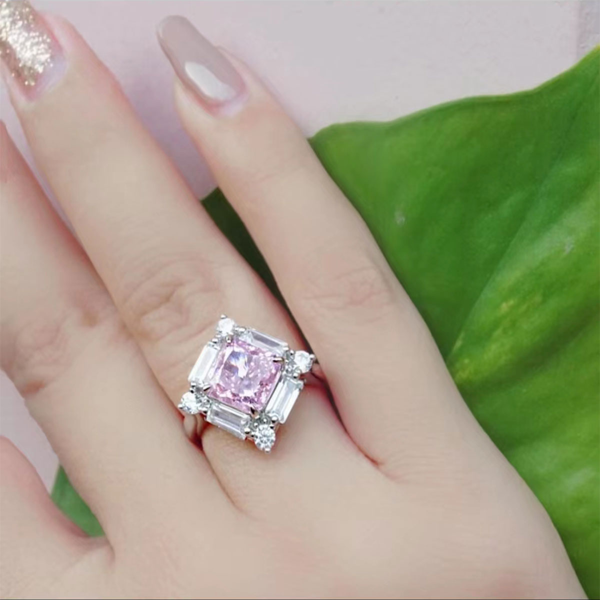 White Gold S925 Silver Square Cut Pink Gem Signet Ring