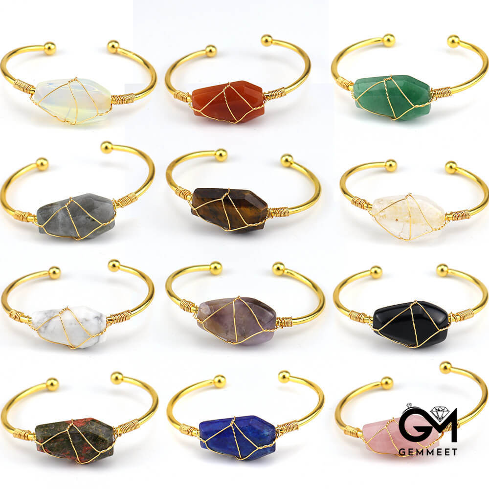 Golden Wire Wrapped Crystal Hexahedron Bracelet