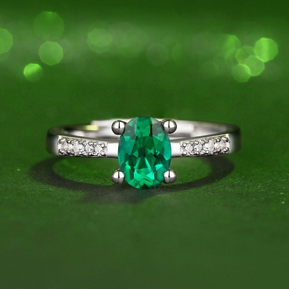 White Gold Oval Cut Emerald Adjustable Ring