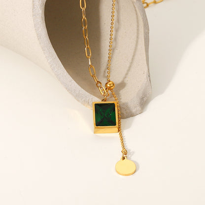 Rectangle Green Crystal Dangle Pendant Chain Necklace