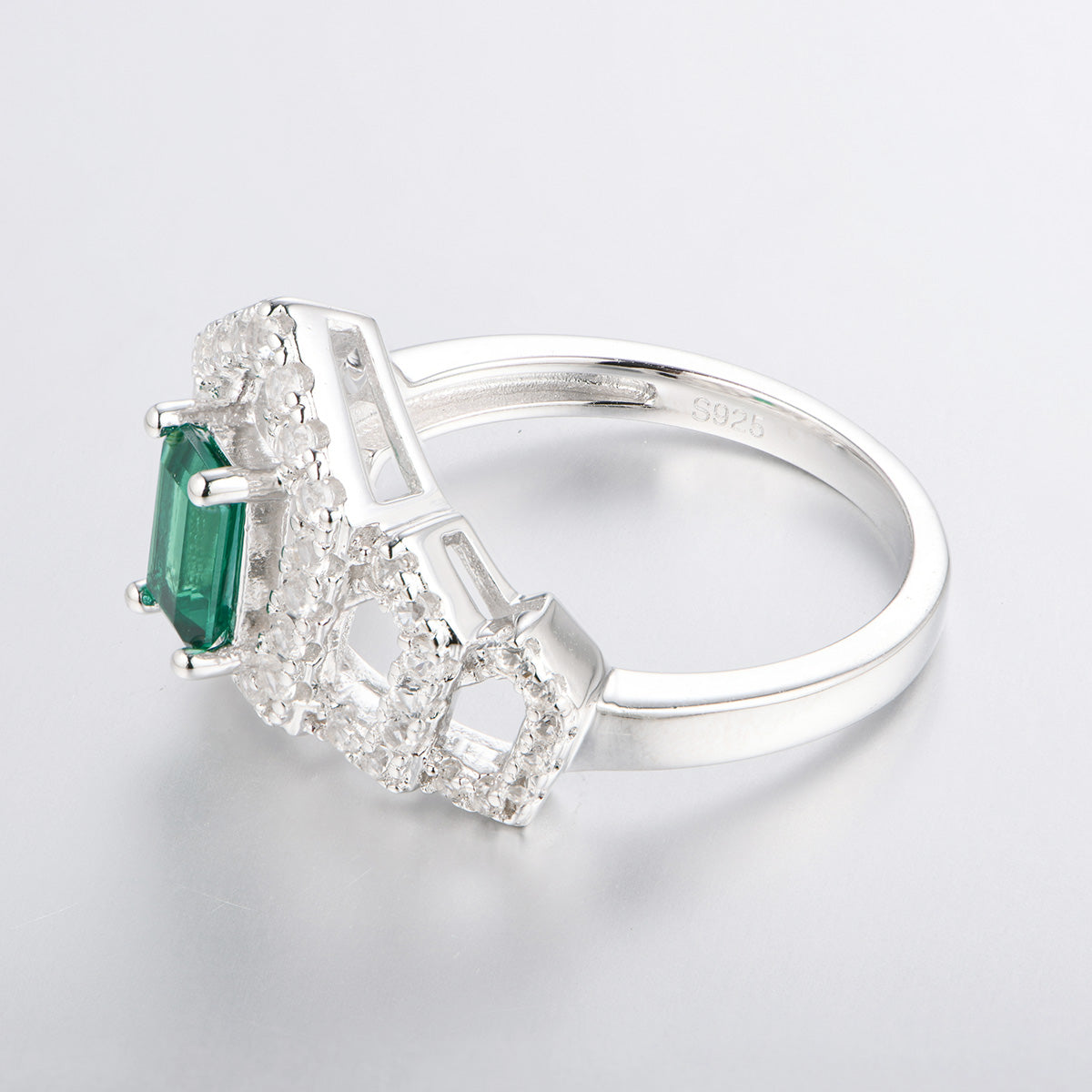 White Gold Square Emerald Crown Ring with Channel Setting Full Stones