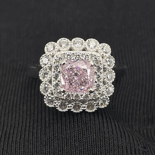 White Gold Cushion Shape Layered Stones Pink Gem Halo Ring