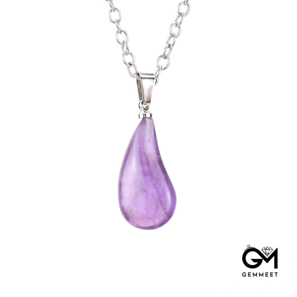 Stainless Steel Crystal Amethyst Drop Pendant Necklace