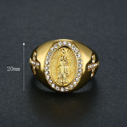 Hip-hop Jewelry Titanium Steel Gold-plated Inlaid Cubic Zirconia Virgin Mary Men's Ring