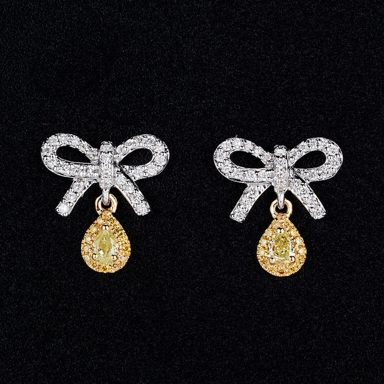 Temperament Bowknot Pink Diamond Earrings Set with Water Drop Pear-shaped Colored Diamond Yellow Zircon Earrings