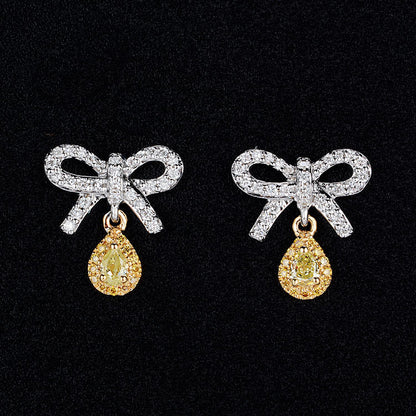 Temperament Bowknot Pink Diamond Earrings Set with Water Drop Pear-shaped Colored Diamond Yellow Zircon Earrings