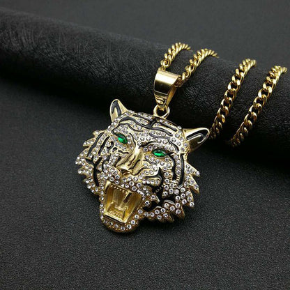 Hip-hop Jewelry Titanium Steel Gold-plated Inlaid Synthetic Cubic Zirconia Tiger Head Pendant