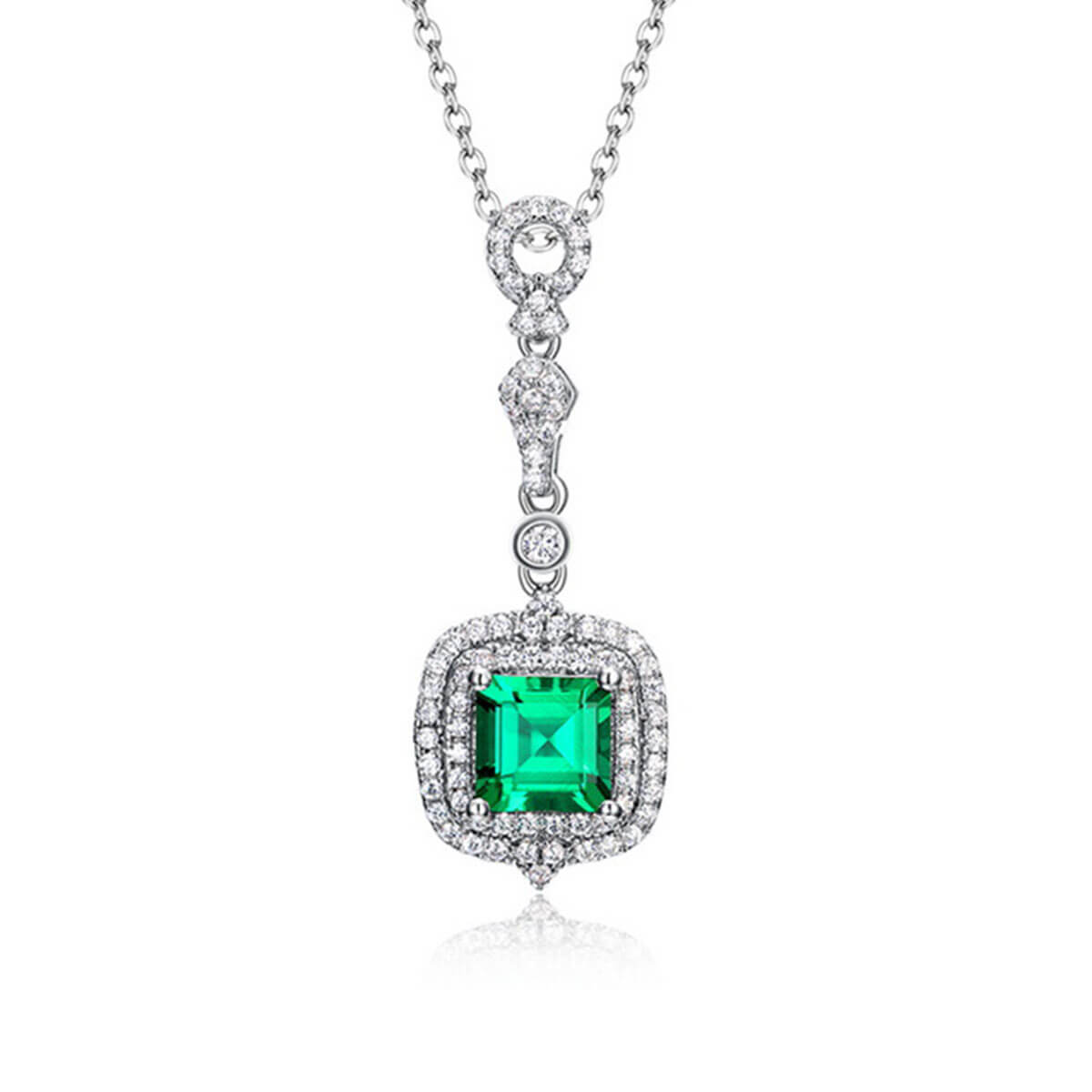 White Gold Cushion Shape Double Halo Emerald Chain