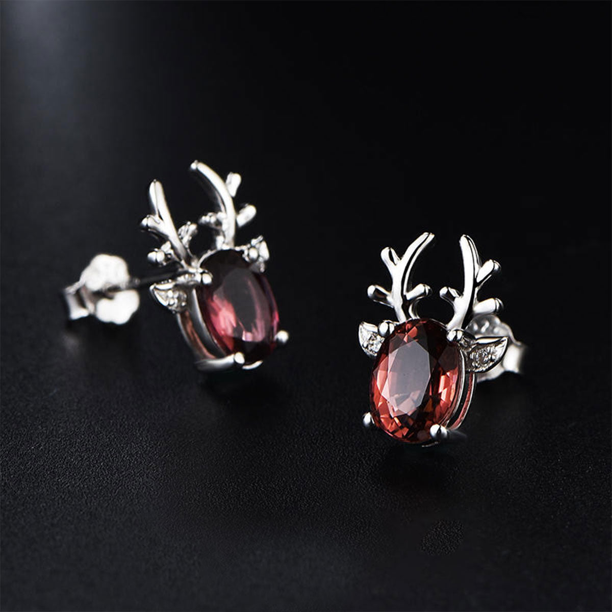 White Gold Elk Shape Ruby Gem Stud Earrings