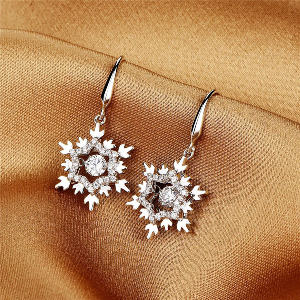 White Gold Snowflake Shape Full Stones Beating Shinny Dangle Earrings