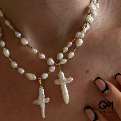 Freshwater Pearl Cross Pendant Necklace