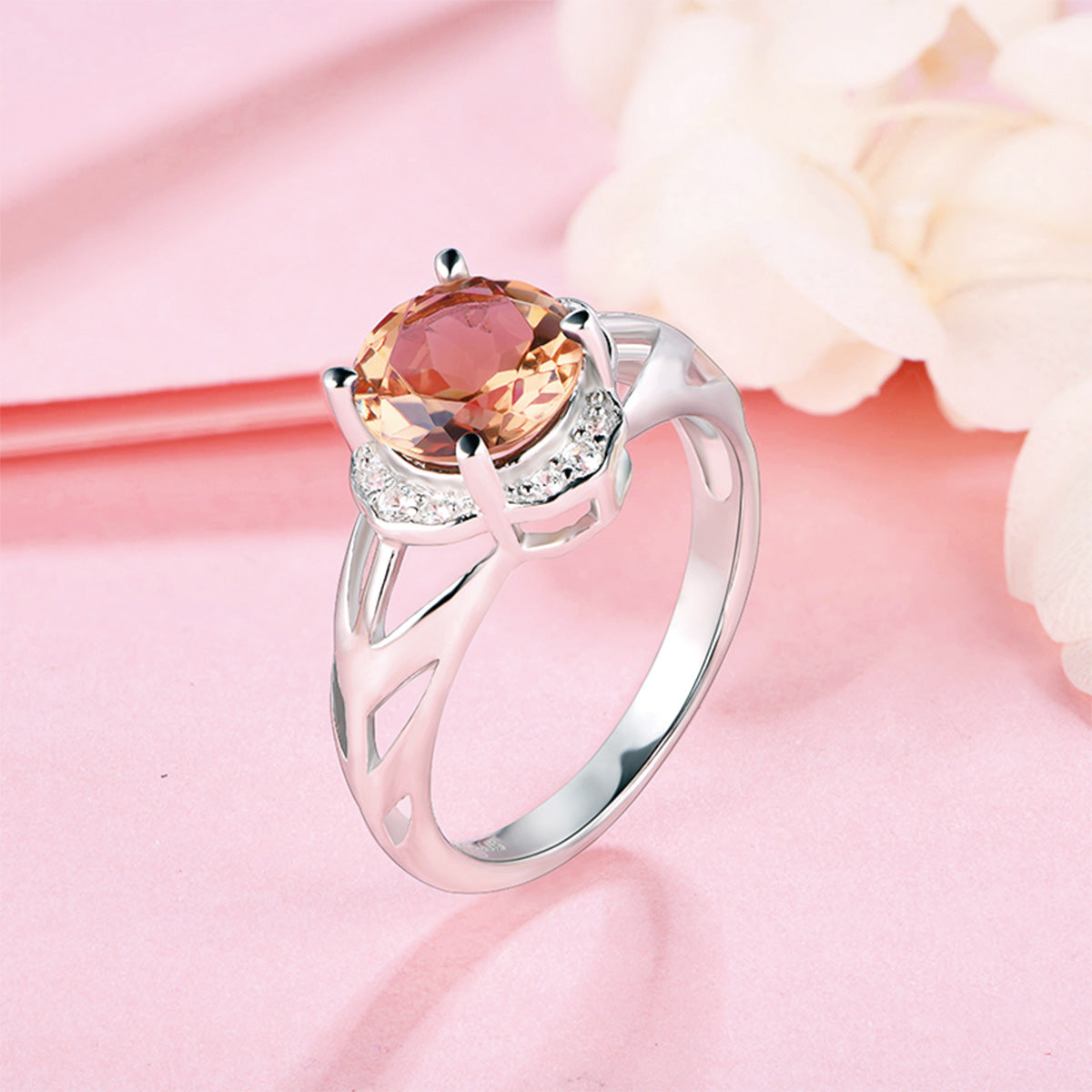 White Gold Hollow Flower Shape Round Orange Sapphire Signet Ring