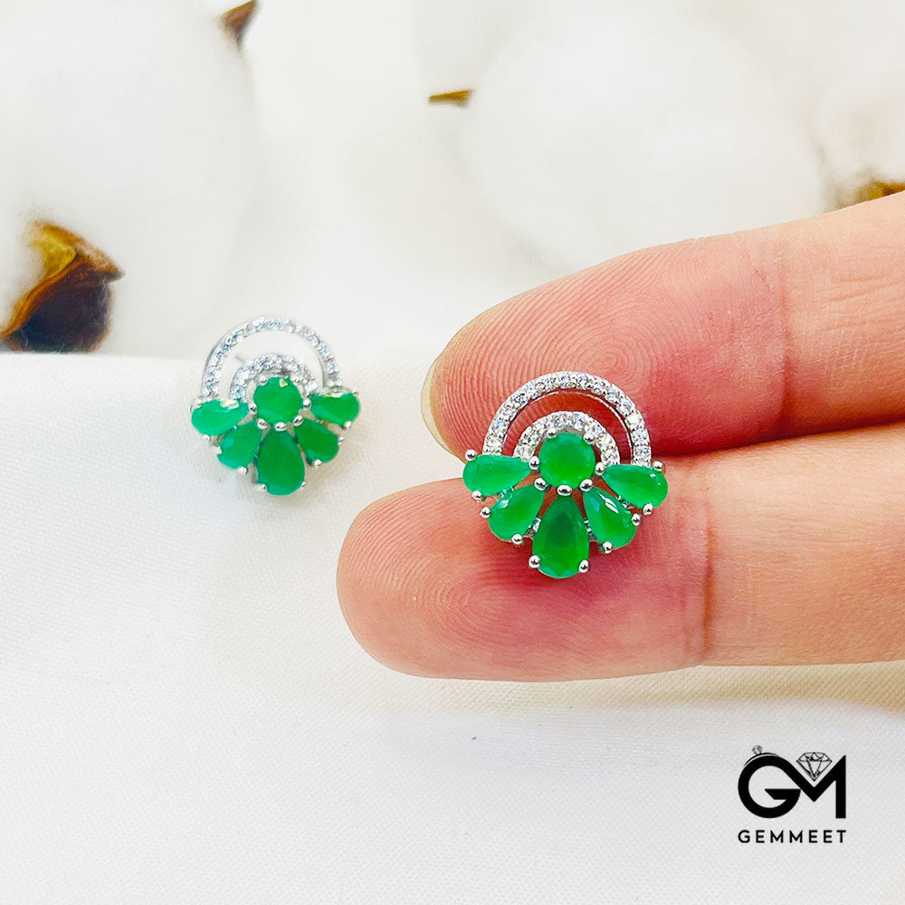 Hollow Round Leaf-Shaped Green Stone Earrings