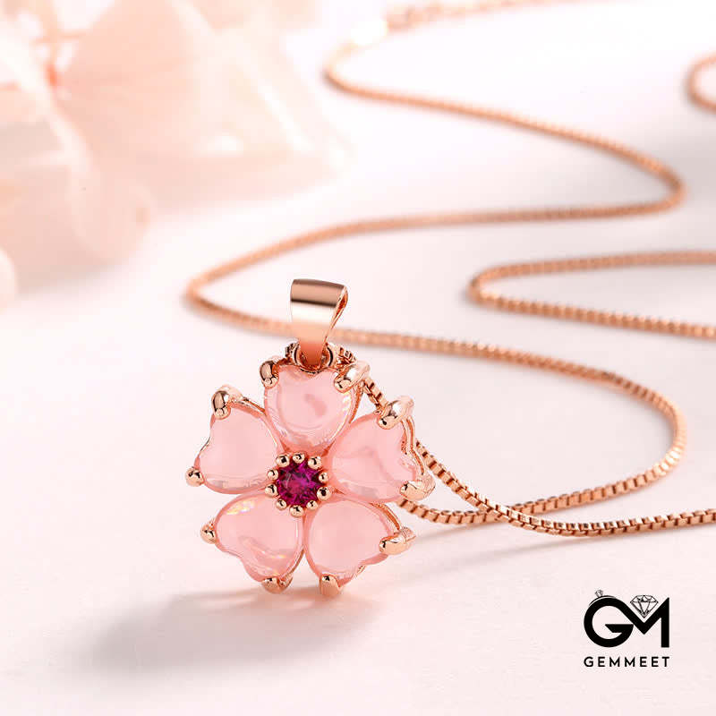 Pink Crystal Love Heart Flower Soothing Necklace Pendant