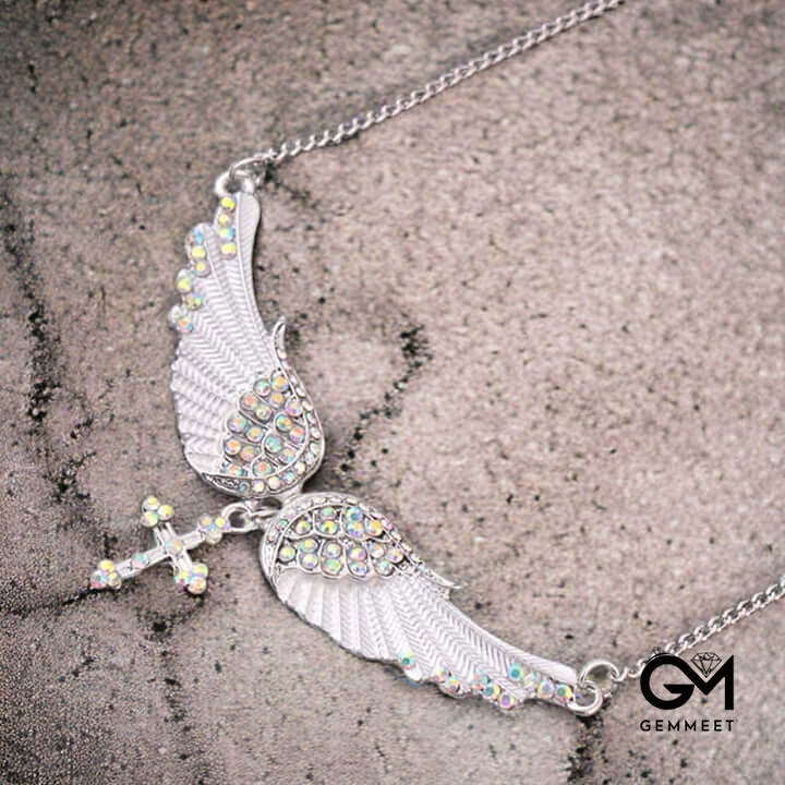 Religious Iridescent Angel Wing & Cross Necklace