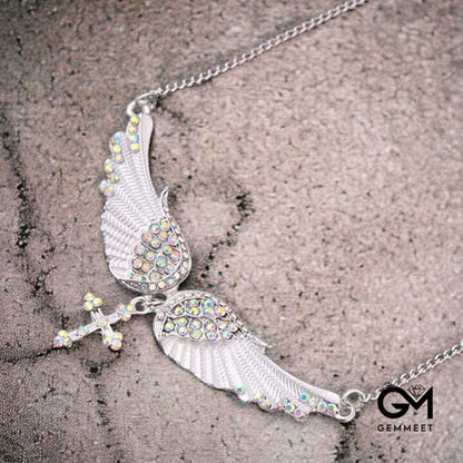 Religious Iridescent Angel Wing & Cross Necklace