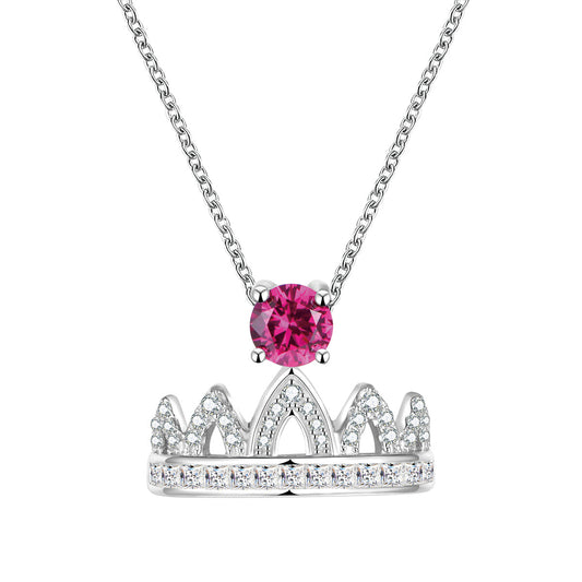 Sterling Silver Necklace with Ruby Round Stones Full Diamonds Crown Pendants