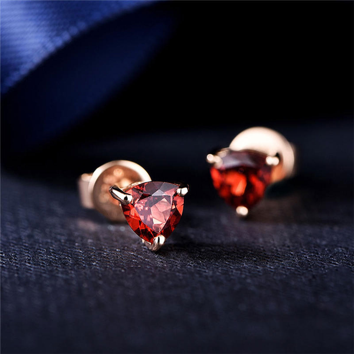 Rose Gold Triangle Ruby Garnet Stud Earrings