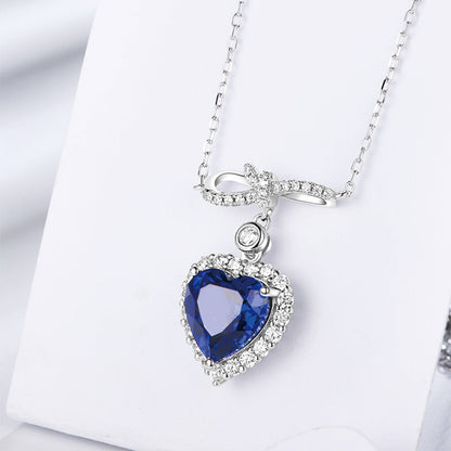 Bow-knot Heart Blue Sapphire Pendant with Worldwide Setting Full Diamond